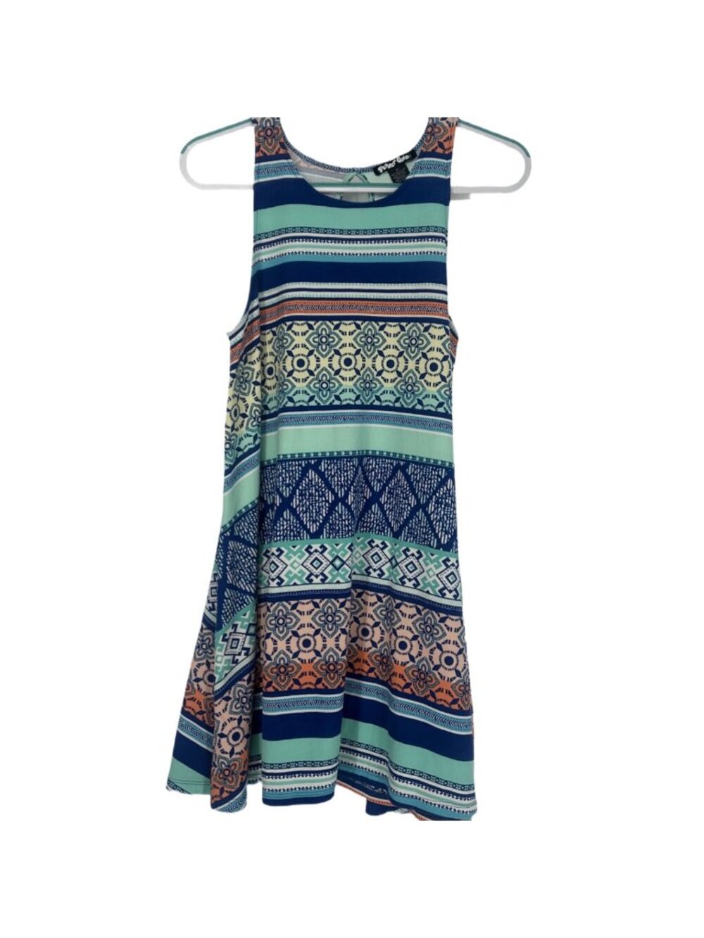 Planet Gold Flare Dress Medium Navy Geometric Boho Patchwork Swing A-Line Y2K
